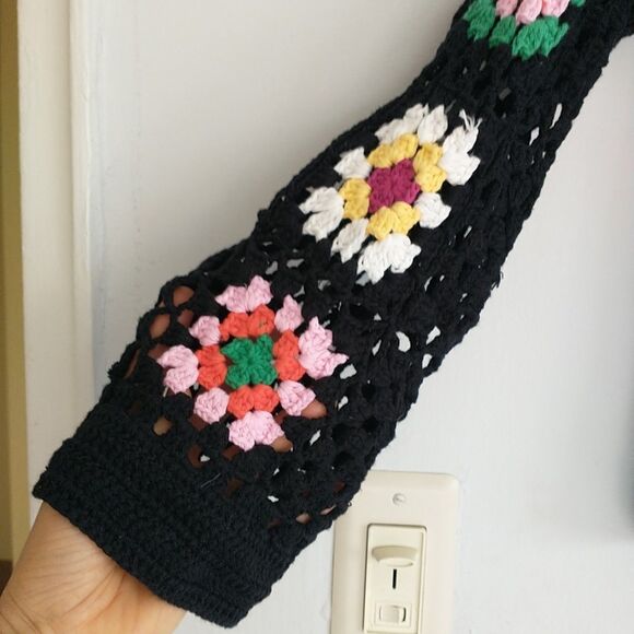 Open Cardigan Womens L Black Crochet Granny Square Patchwork HandMade Sheer Boho - Picture 5 of 6